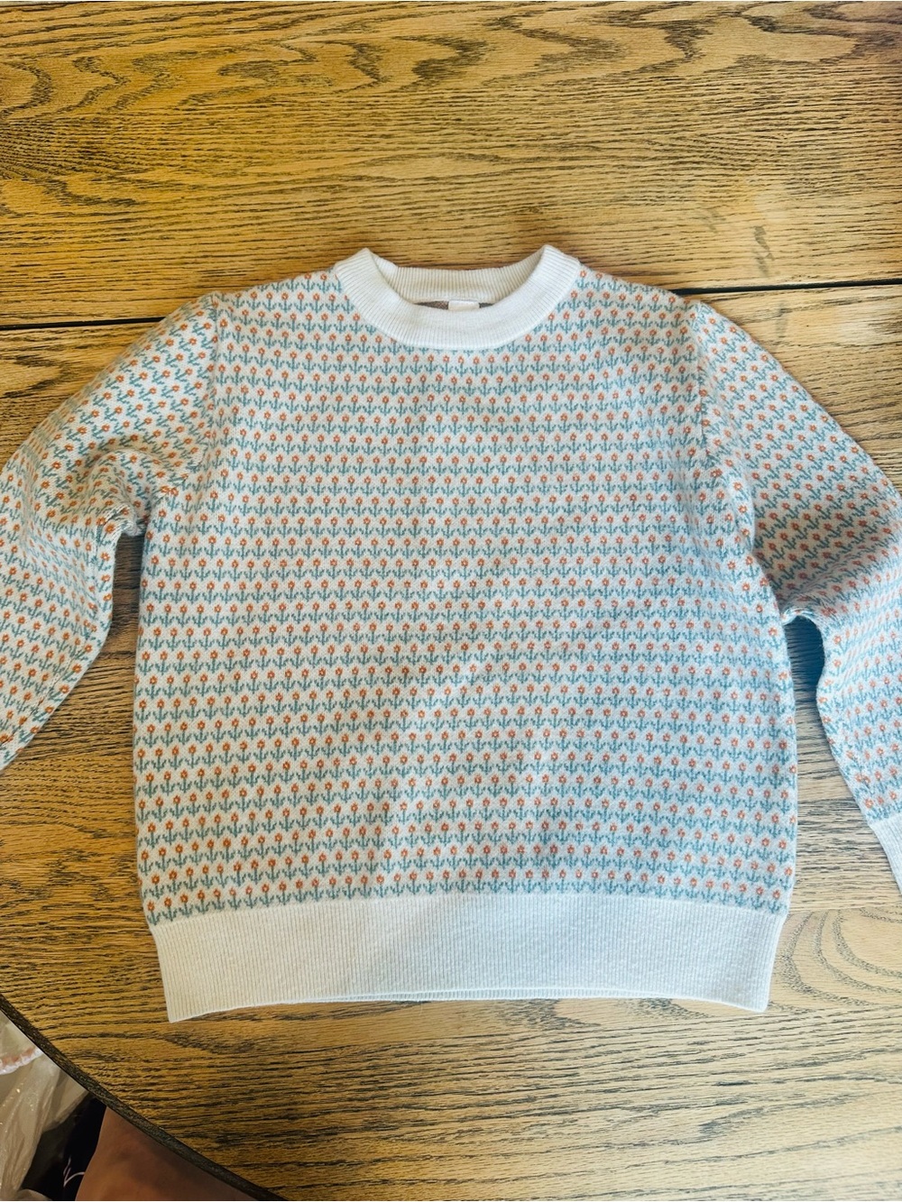 Girls size 140 Crewneck Patterned Sweater in Light teal, cinnamon , and Cream